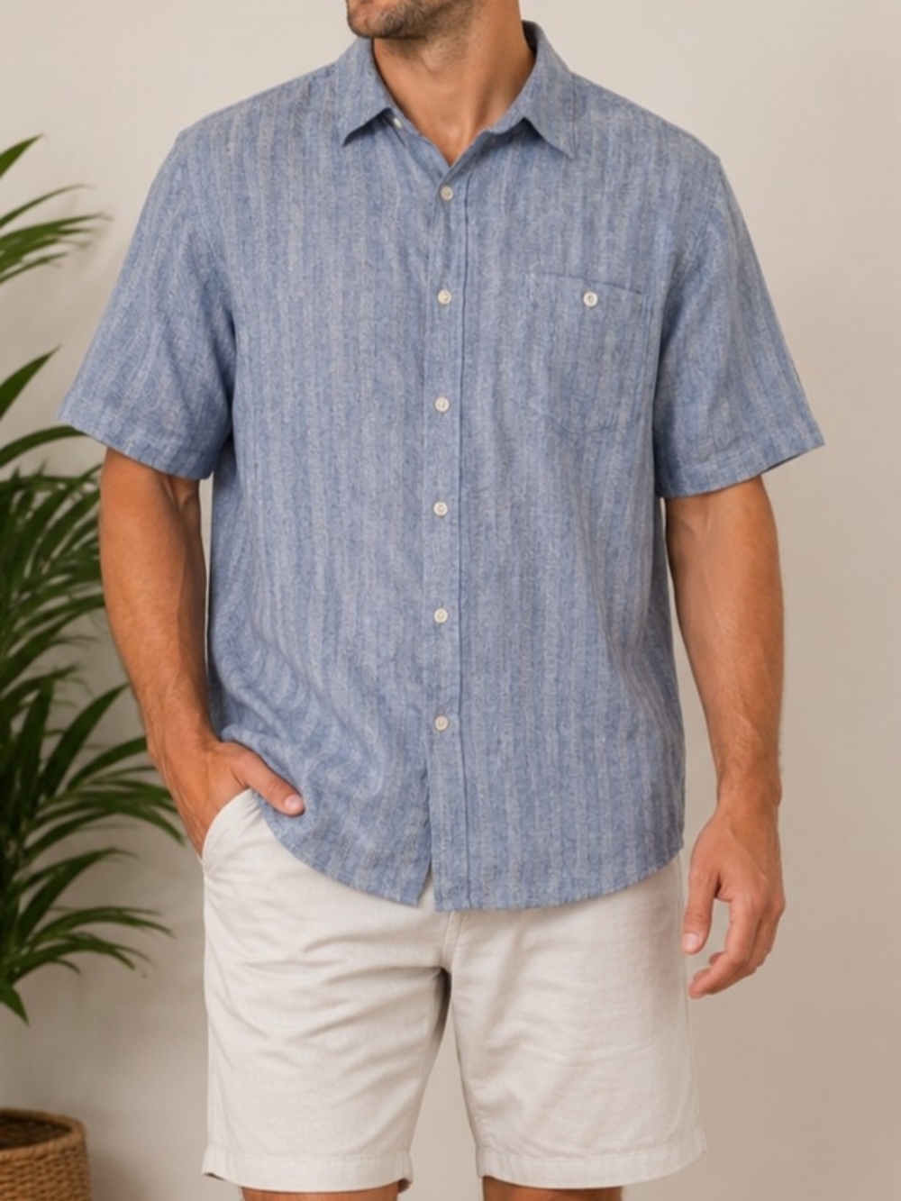 Weatherproof Vintage Linen Blend Button Down Shirt XXL Blue Striped Short Sleeve